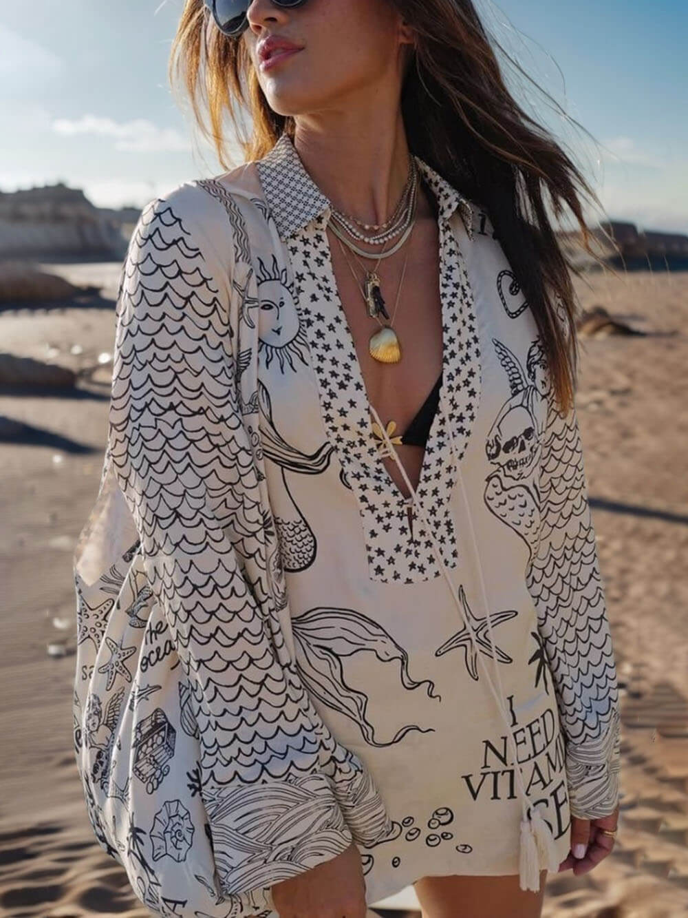 AQUA | Unikalny zestaw koszuli z satyny z nadrukiem Live By Water i szortów z elastycznym pasem