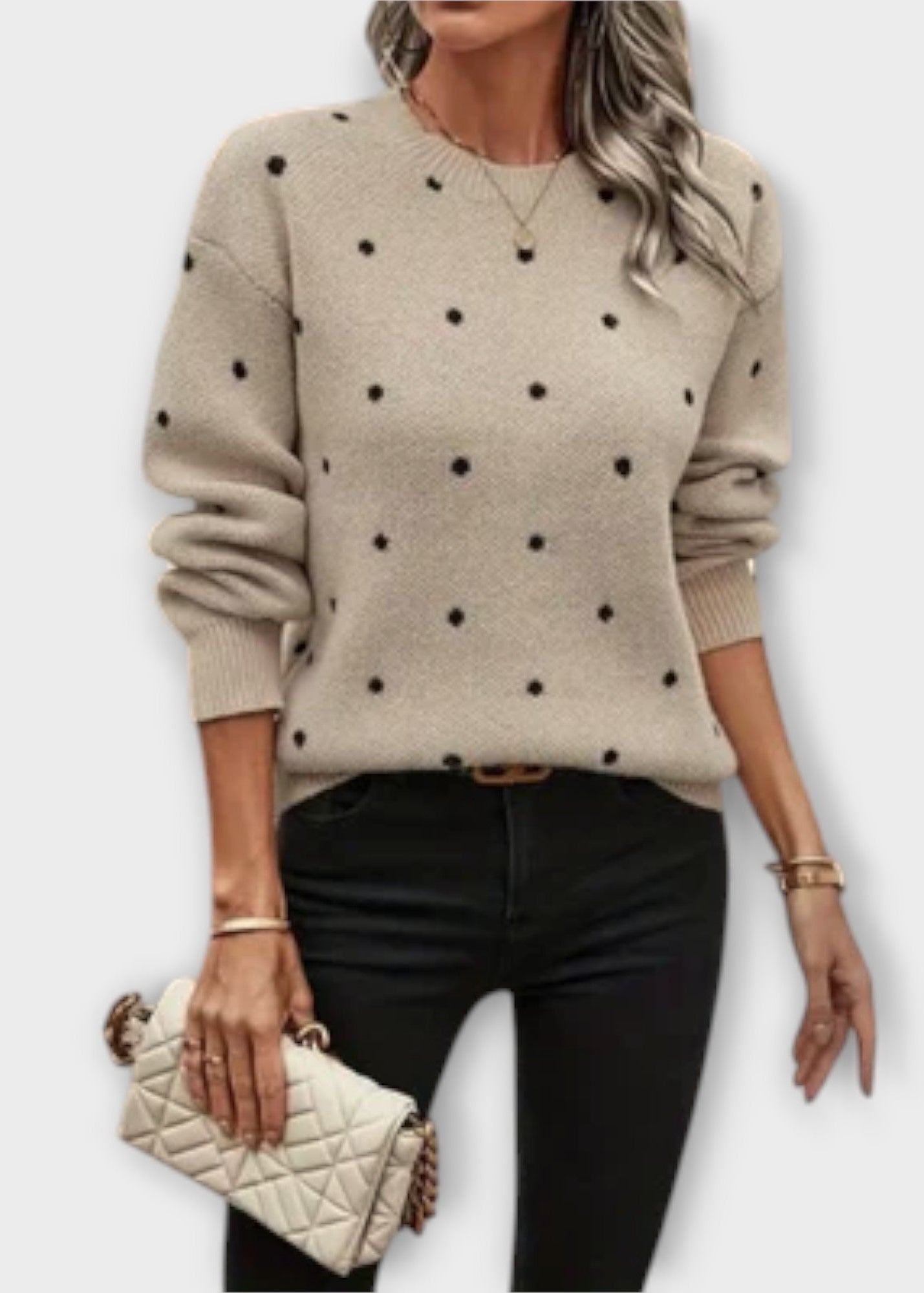 Avana | Luźny Sweter Pleciony z Długim Rękawem w Kropki